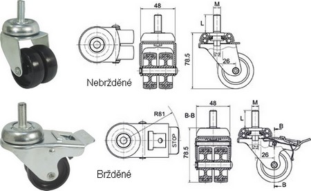 Rotile negre duble din plastic cu bolţ cu filet